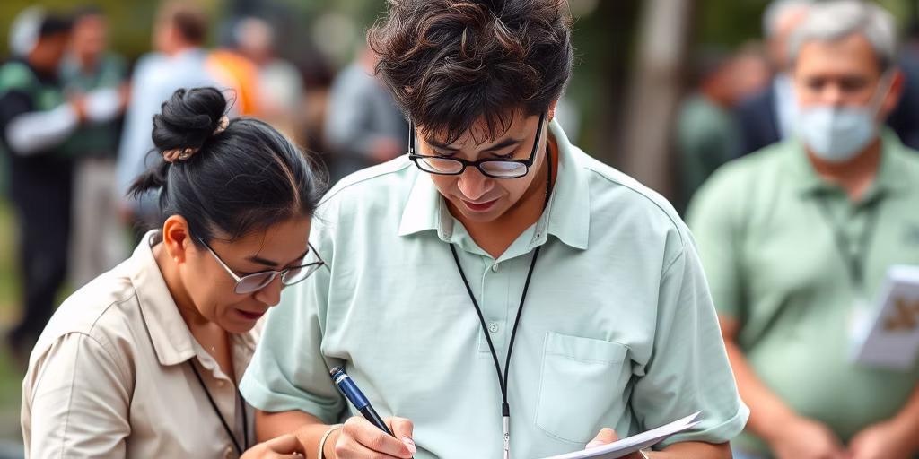 Frontline fundraisers collaborate while reviewing notes during a community event, focusing on strategies for successful engagement.